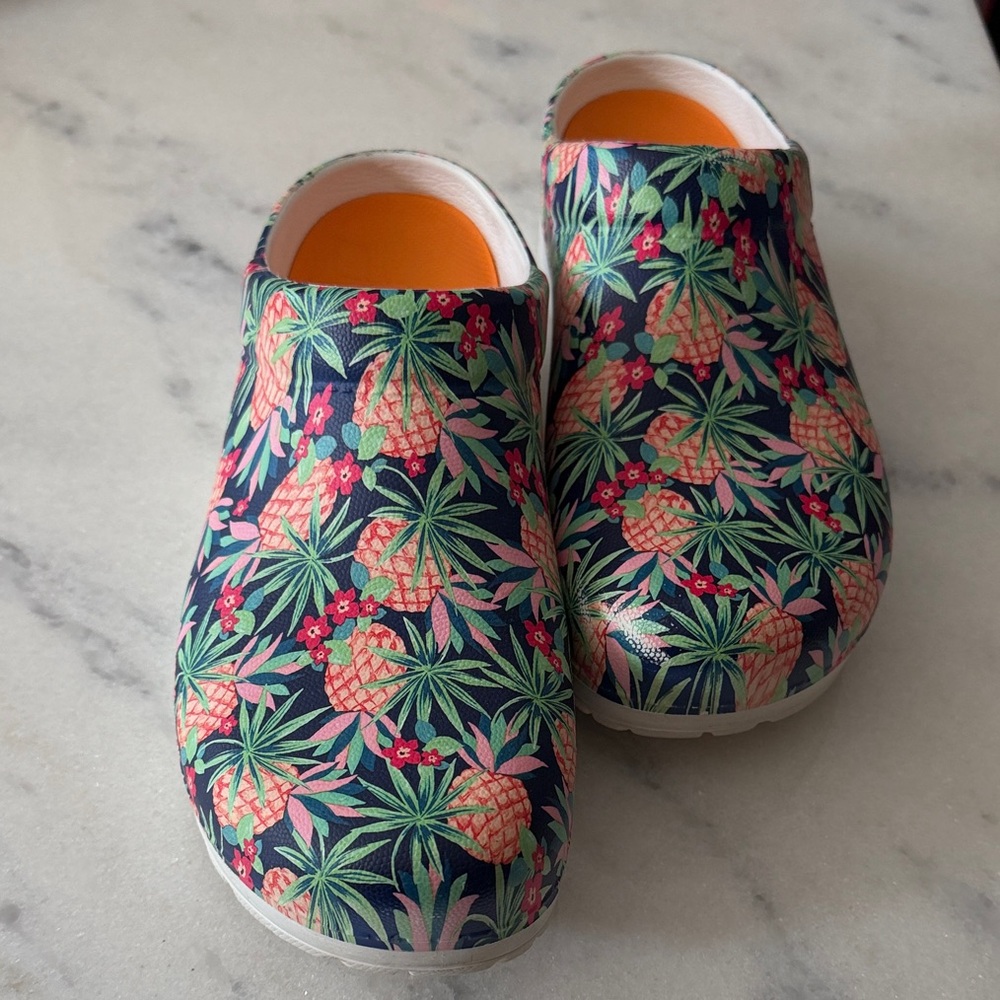 Dansko Tropical Print Mules - Navy and Pink